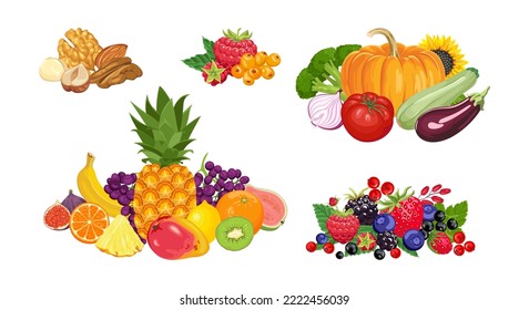 Conjunto de montones de productos ecológicos frescos. Frutas, verduras, nueces y bayas. Ilustración de dibujos animados.