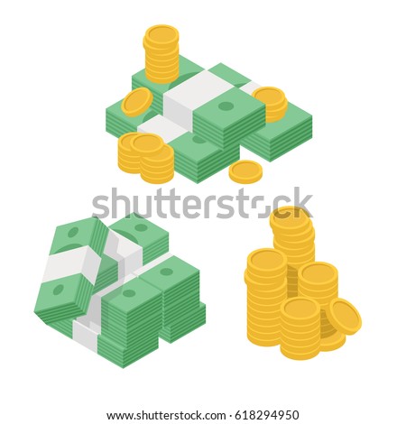 Set heaps of money. Various kind of money with dollar and gold coin. Concept of big money. Big pile of cash. Hundreds of dollars. Isometric flat vector illustration