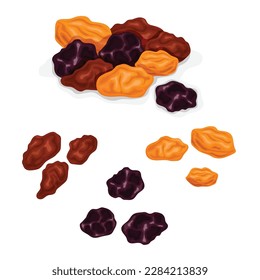 Set of heaps of raisins and individual grains isolated on a white background. Collection of different types of dried grapes. Golden brown, malayar big blue and black elephant