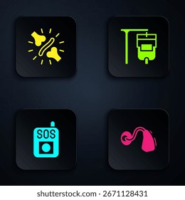 Conjunto de audífonos, dolor articular, dolor de rodilla, Prensa del Botón SOS y bolsa IV. Botón cuadrado negro. Vector