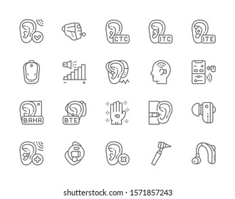 Set of Hearing Aid Line Icons. Ear Canal, Volume Control, Wireless Headphones, Hearing Loss, Medical Otoscope Tool and more.