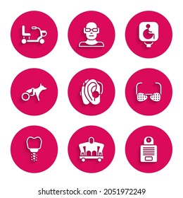 Set Hearing aid, Man without legs sitting wheelchair, Intercom, Blind glasses, Dental implant, Dog, Disabled and Electric icon. Vector