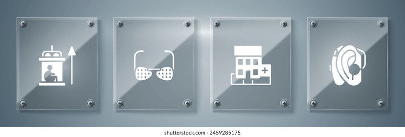 Set Hörgerät, Medizinisches Krankenhausgebäude, Blindbrille und Aufzug für Behinderte. Quadratische Glasscheiben. Vektorgrafik