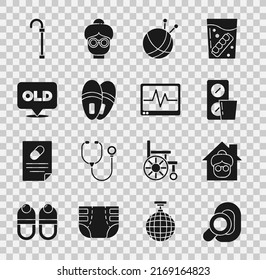 Set Hearing aid, Nursing home, Pills blister pack, Yarn ball with knitting needles, Slippers, Walking stick cane and Monitor cardiogram icon. Vector