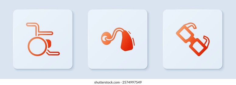 Set Hearing aid, Wheelchair and Eyeglasses. White square button. Vector