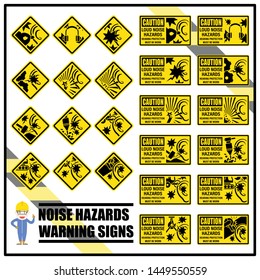 Set of hearing safety signs and symbols for warning and remind workers while work in noisy working environment. Loud noise hazards caution signs.