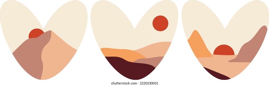 Set of hears with landscape bohemian ornament on light background.
