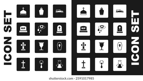 Set Hearse car, Tear cry eye, Tombstone with RIP written, Church tower, Grave tombstone, Funeral urn, Coffin cross and  icon. Vector