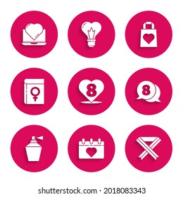 Set Heart with 8 March, Calendar, Breast cancer awareness ribbon, in speech bubble, Perfume, Book about women, Shopping bag heart and Online dating app and chat icon. Vector