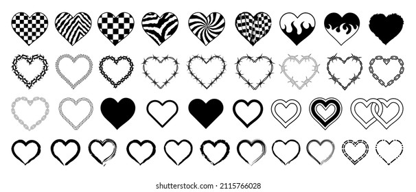 Set of Heart Acid Style Shapes. Collection of Love Signs Vector Design. Rave Graphics.