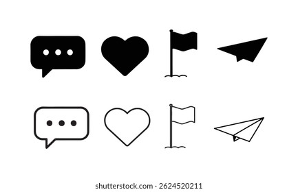 Conjunto de corazón, avión, bandera, mensajería, estilo de Vector de silueta con fondo blanco