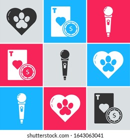 Set Heart with animals footprint, Casino chip and playing cards and Microphone icon. Vector