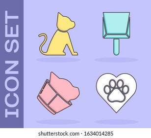 Set Heart with animals footprint, Cat, Veterinary clinic symbol and Dustpan icon. Vector