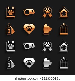 Set Heart with animals footprint, Dog house, Cage for birds, Cat, collar bone, Pet award symbol, Calendar grooming and Retractable cord leash icon. Vector