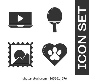 Set Heart with animals footprint, Online play video, Picture landscape and Racket for playing table tennis icon. Vector