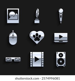 Set Heart with animals footprint, Play Video, Stereo speaker, Online play video, 3D cinema glasses, Computer mouse, Microphone and Photo frames icon. Vector