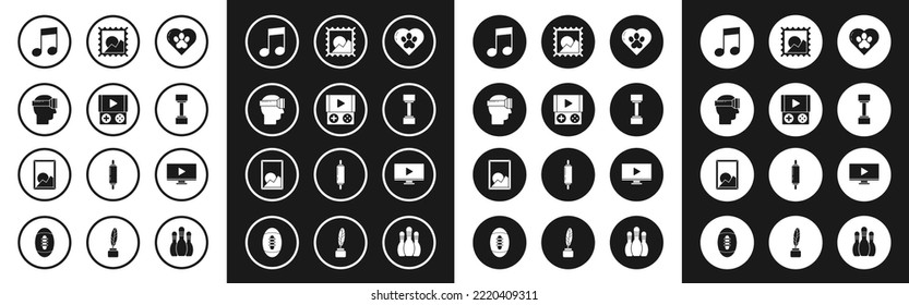 Set Heart with animals footprint, Portable video game console, Virtual reality glasses, Music note, tone, Dumbbell, Picture landscape, Online play and  icon. Vector