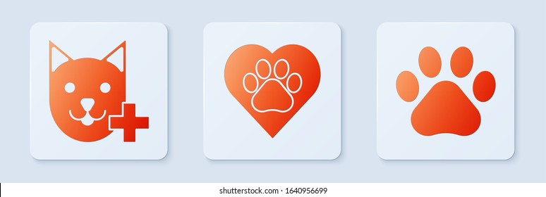 Set Heart with animals footprint, Veterinary clinic symbol and Paw print. White square button. Vector