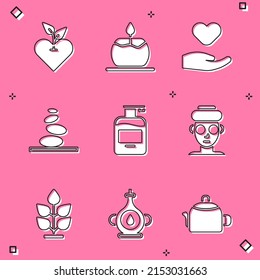 Set Heart, Aroma candle, in hand, Stack hot stones, Bottle of liquid soap, Facial cosmetic mask, Plant and Oil bottle icon. Vector