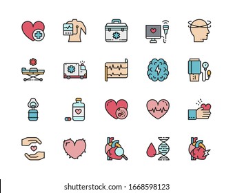 Set of Heart Attack Flat Color Icons. Cardiogram, Dizziness, Heartbeat and more.