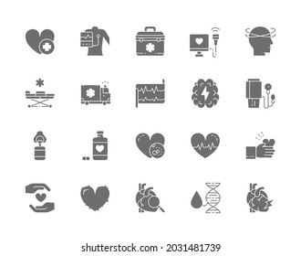 Set of Heart Attack Grey Icons. Cardiogram, First Aid Kit, Heartbeat and more.