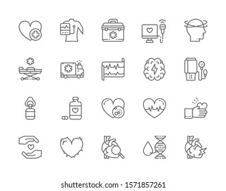 Set of Heart Attack Line Icons. Emergency Stretcher Trolley, Cardiogram, First Aid Kit, Dizziness, Heartbeat, Artificial Ventilation Bag, Myocardial Infarction and more.