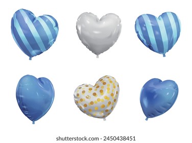 Un conjunto de globos de corazón con diferentes ángulos y patrones, incluyendo azul, plata y transparente
