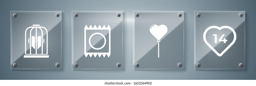 Corazón, globos en forma de corazón, Condón en paquete y Corazón en la jaula de pájaro. Paneles de vidrio cuadrado. Vector