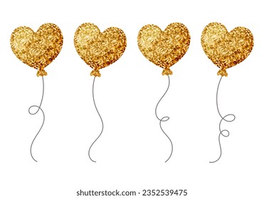 Set of heart balloons with golden glitter. Cute greeting templates for any occasion. Vector