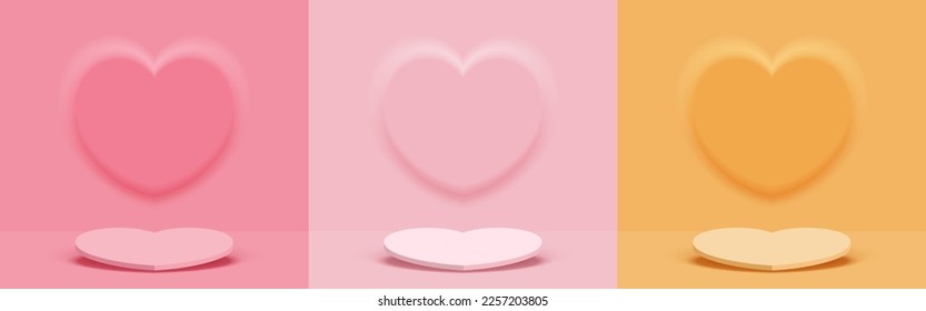 Set of heart base decorations with embossed wall heart-shaped. Stage pedestal scene for product display on Pink and Yellow background. Valentine's day background. Minimal style. Vector illustration.
