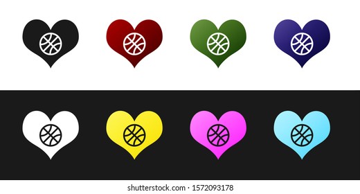 Set Heart with basketball ball inside icon isolated on black and white background. Basketball love.  Vector Illustration