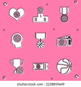 Set Heart with basketball ball, Sports winner podium, Basketball medal, Thoughts on, game ticket, Award cup and icon. Vector