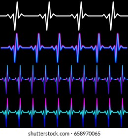 Set of heart beat pulse line vector illustration in white and neon colors on black background