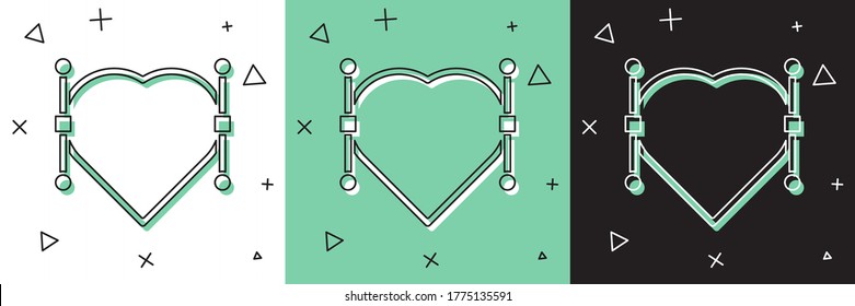 Set Heart with Bezier curve icon isolated on white and green, black background. Pen tool icon.  Vector Illustration
