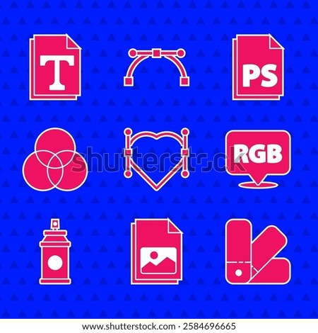 Set Heart with Bezier curve, Picture landscape, Color palette guide, Speech bubble RGB CMYK, Paint spray can, color mixing, PS File document and Text file icon. Vector