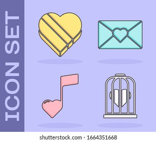 Set Heart in the bird cage, Candy in heart shaped box, Music note, tone with hearts and Envelope with Valentine heart icon. Vector