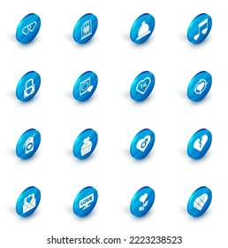 Set Heart in the bird cage, Condom, Music note, tone with hearts, Lock and, tag, package, center of darts target aim and  icon. Vector
