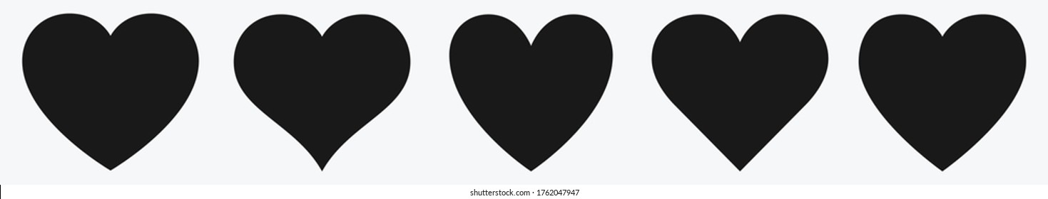 Juego de ícono de Corazón negro - Símbolo aislado con forma diferente - Concepto de amor - Ilustración vectorial de fondo blanco