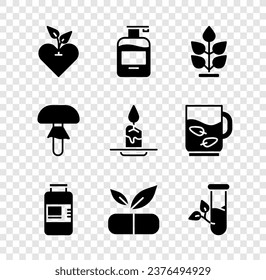 Set Heart, Bottle of liquid soap, Plant, Collagen serum, Medical pill with plant, Laboratory glass and leaves, Mushroom and Aroma candle icon. Vector