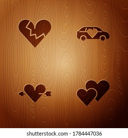 Set Heart, Broken heart or divorce, Amour with and arrow and Limousine car on wooden background. Vector