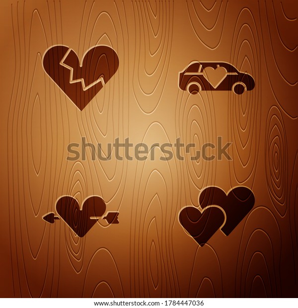 Set Heart, Broken heart\
or divorce, Amour with and arrow and Limousine car on wooden\
background. Vector