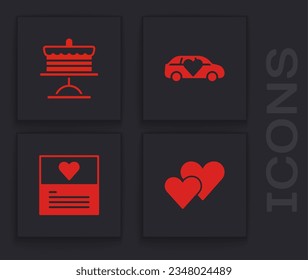 Set Heart, Cake on plate, Limousine car and Greeting card icon. Vector