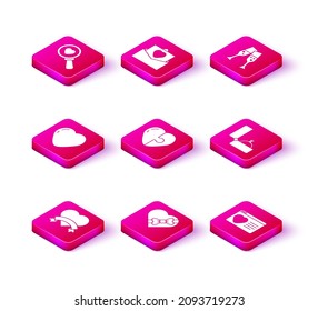Set Heart, Candy en una caja con forma de corazón, aplicación de citas en línea, anillo de compromiso de diamantes, Vidrio de champán y sobre con icono de San Valentín. Vector