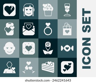 Set Heart, Candy, Shopping bag with heart, Wedding cake, Envelope Valentine, Dating app online mobile, Broken or divorce and rings icon. Vector