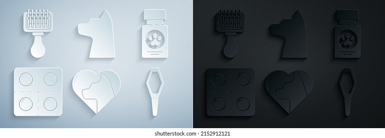 Set Heart with cat, Dog medicine bottle and pills, Pets vial medical, Cat and Hair brush for dog icon. Vector