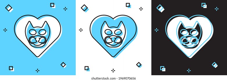 Set Heart with cat icon isolated on blue and white, black background. Love to the animals.  Vector