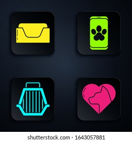 Set Heart with cat, Pet bed, Pet carry case and Online veterinary clinic symbol. Black square button. Vector