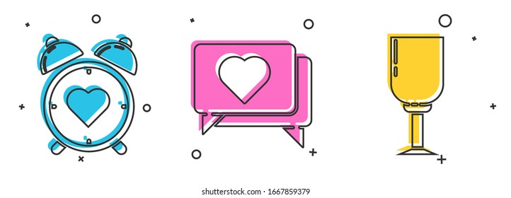Set Heart in the center alarm clock, Like and heart and Wine glass icon. Vector