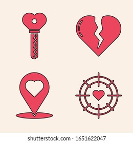 Set Heart in the center of darts target aim, Key in heart shape, Broken heart or divorce and Map pointer with heart icon. Vector
