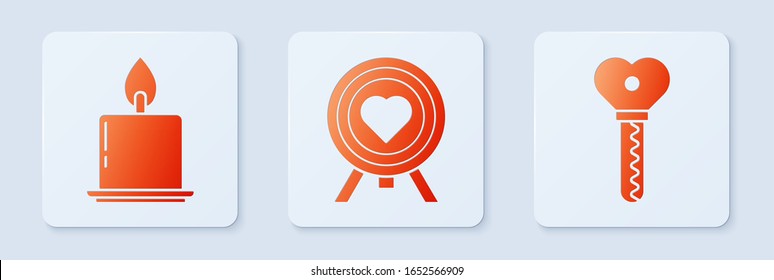 Set Heart in the center of darts target aim, Burning candle and Key in heart shape. White square button. Vector